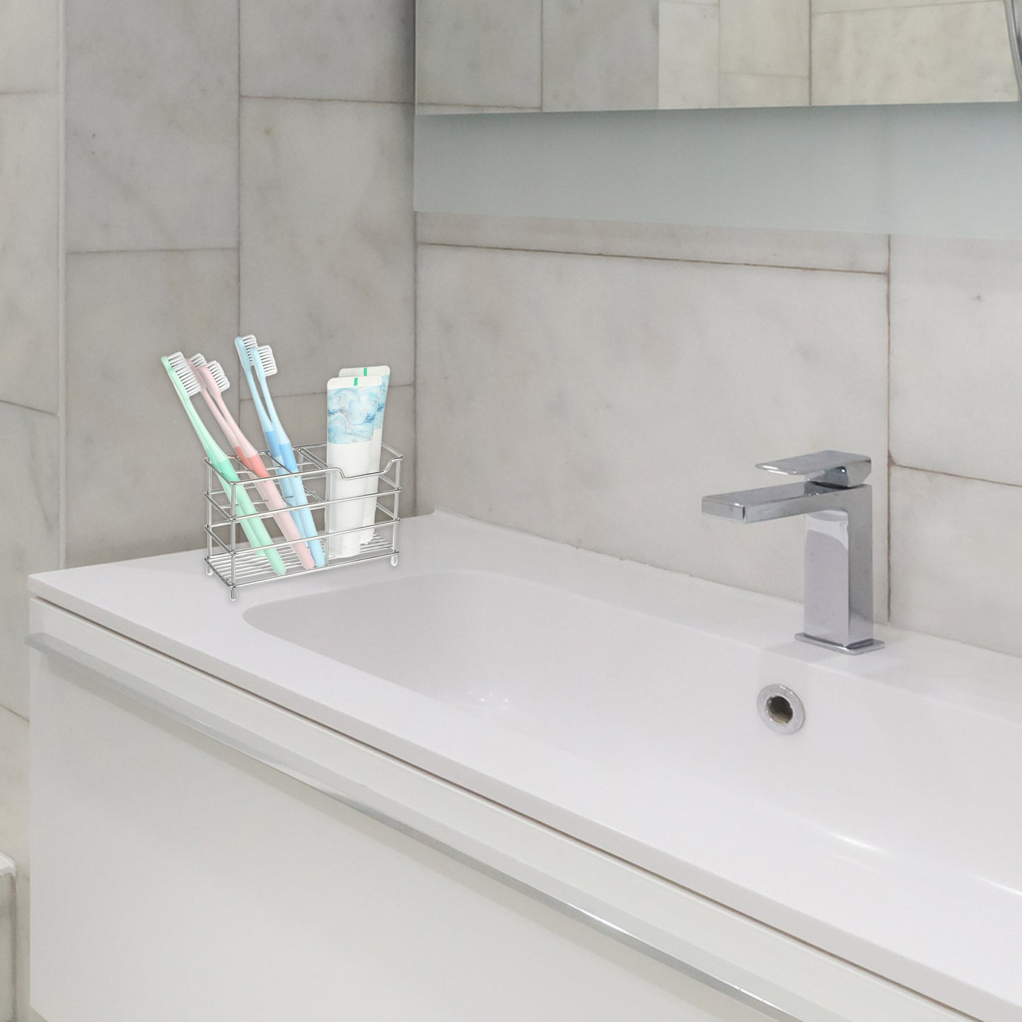 Soporte para cepillo de dientes y pasta de dientes de acero inoxidable 304 con 6 ranuras para baño, tono plateado