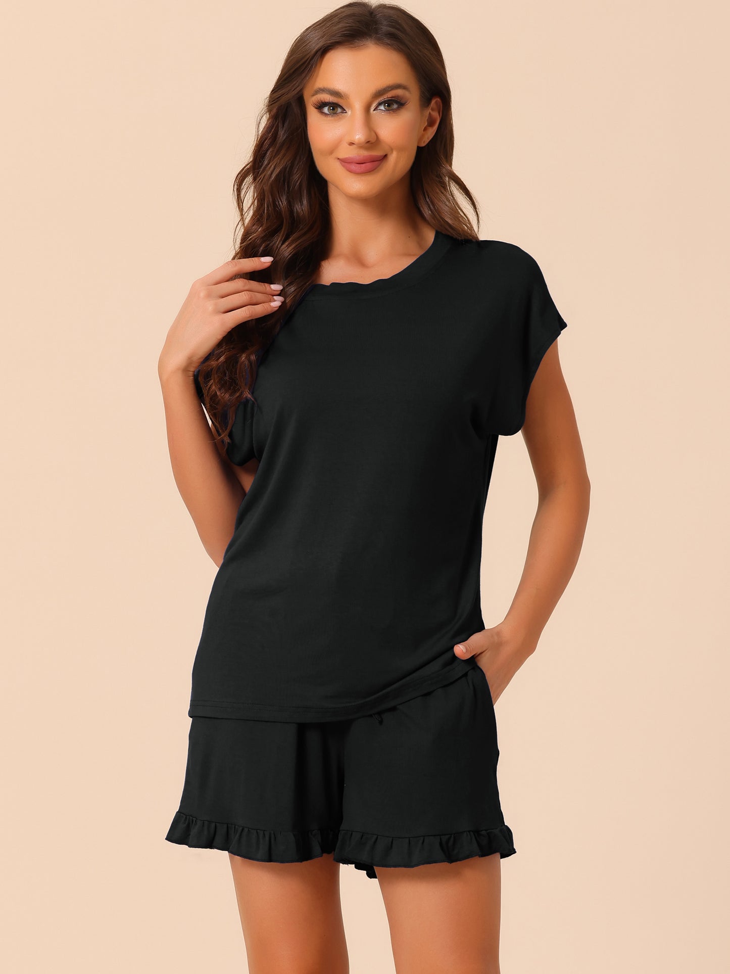 [PACK SALES] Women's 2 Pack Pajama Sets Short-Sleeve Tops with Pocket Shorts Ruffled Loungewear