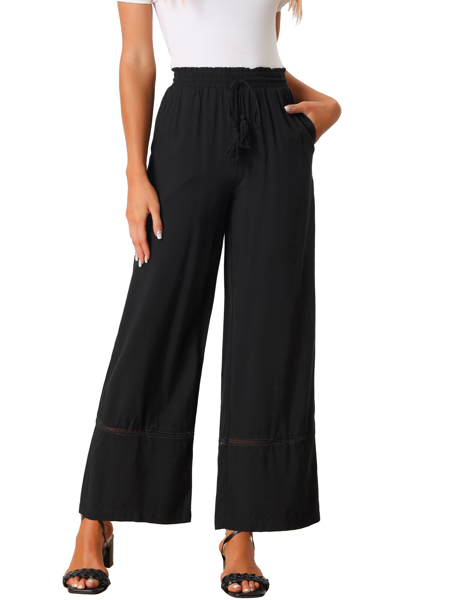 Women's Summer Casual Pants Loose High Waist Drawstring Wide Leg Palazzo Trousers with Pockets