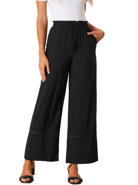 Women's Summer Casual Pants Loose High Waist Drawstring Wide Leg Palazzo Trousers with Pockets