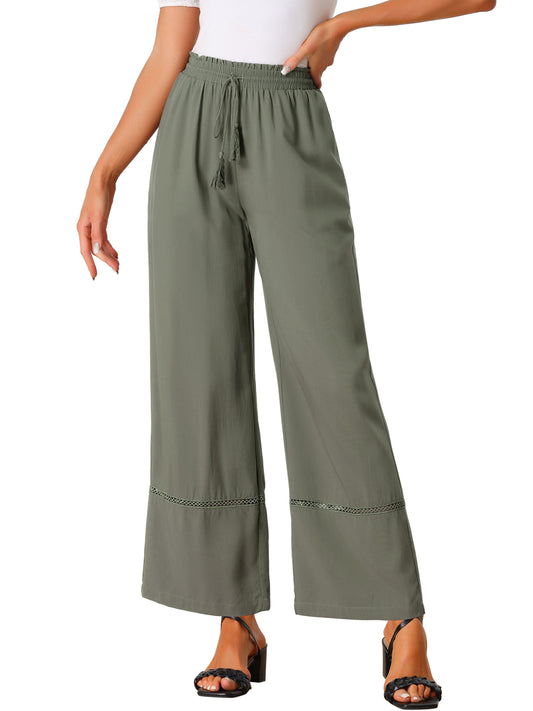 Women's Summer Casual Pants Loose High Waist Drawstring Wide Leg Palazzo Trousers with Pockets