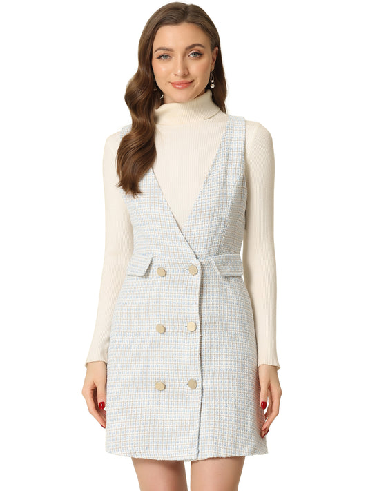 Women's Elegant Retro Button Front V Neck Plaid Tweed Overalls Pinafore Dress