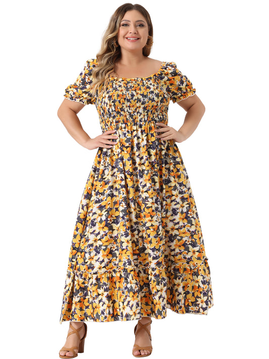 Women Plus Size Short Sleeve Shirred Square Neck Floral Maxi Long Dress