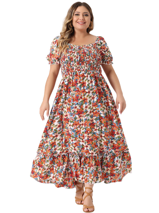 Women Plus Size Short Sleeve Shirred Square Neck Floral Maxi Long Dress