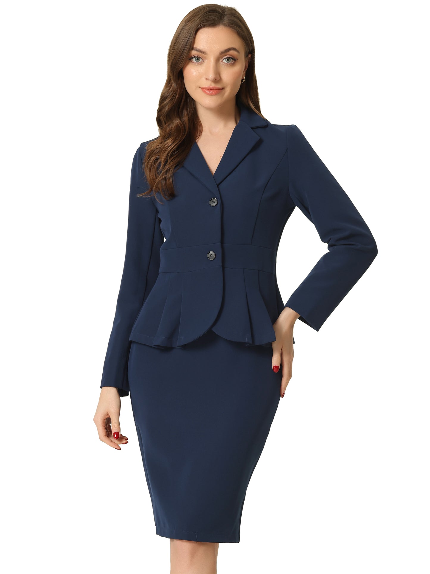 Women's 2 Piece Skirt Suit Set Formal Notched Lapel Peplum Blazer Pencil Skirt (Available in Plus Size)