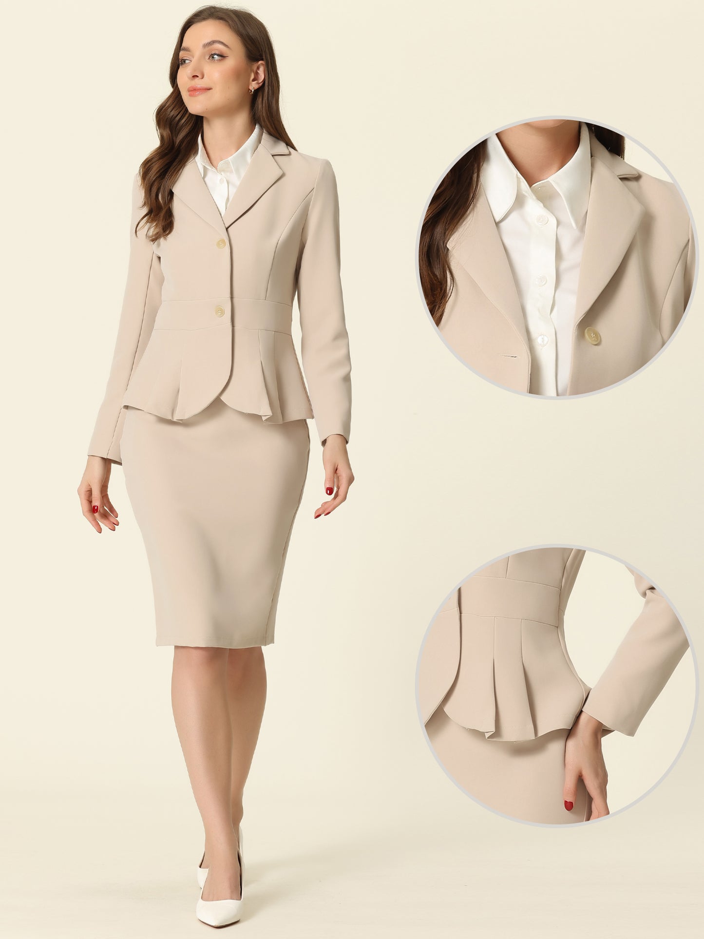 Women's 2 Piece Skirt Suit Set Formal Notched Lapel Peplum Blazer Pencil Skirt