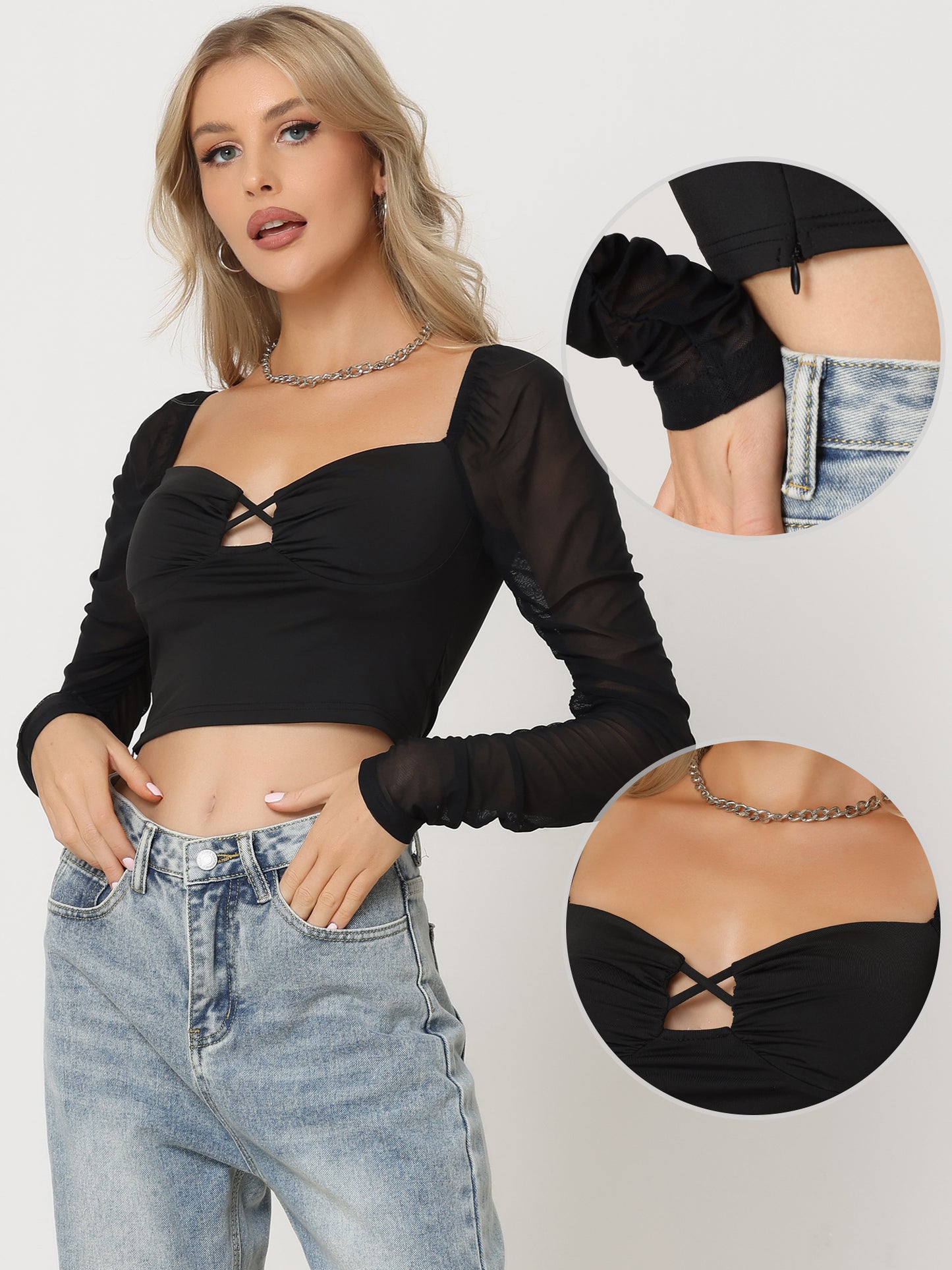 Women's Sweetheart Neck Mesh Long Sleeve Corset Bustier Crop Blouse Top