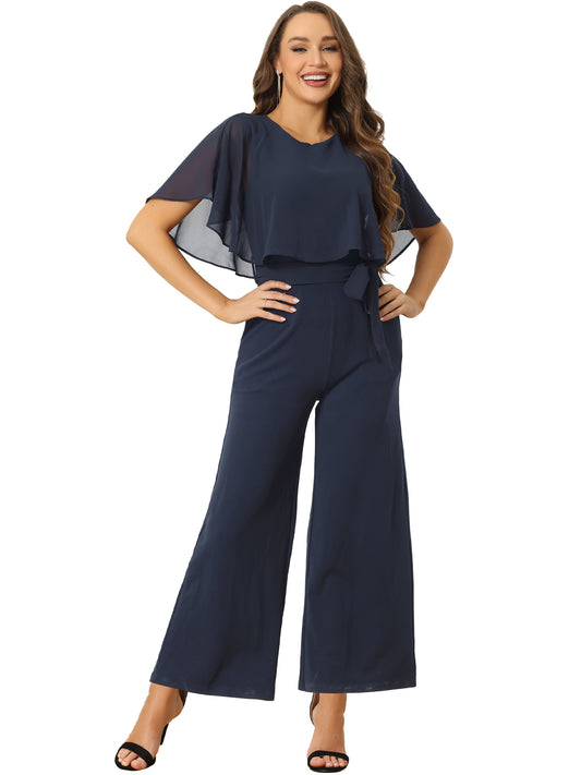Women's Dressy Casual Tie Waist Wide Leg Pants Ruffle Sleeve Jumpsuit