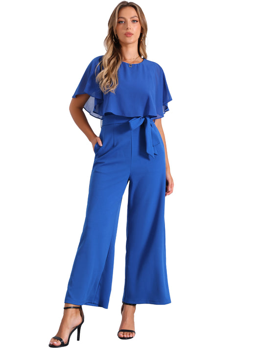 Women's Dressy Casual Tie Waist Wide Leg Pants Ruffle Sleeve Jumpsuit
