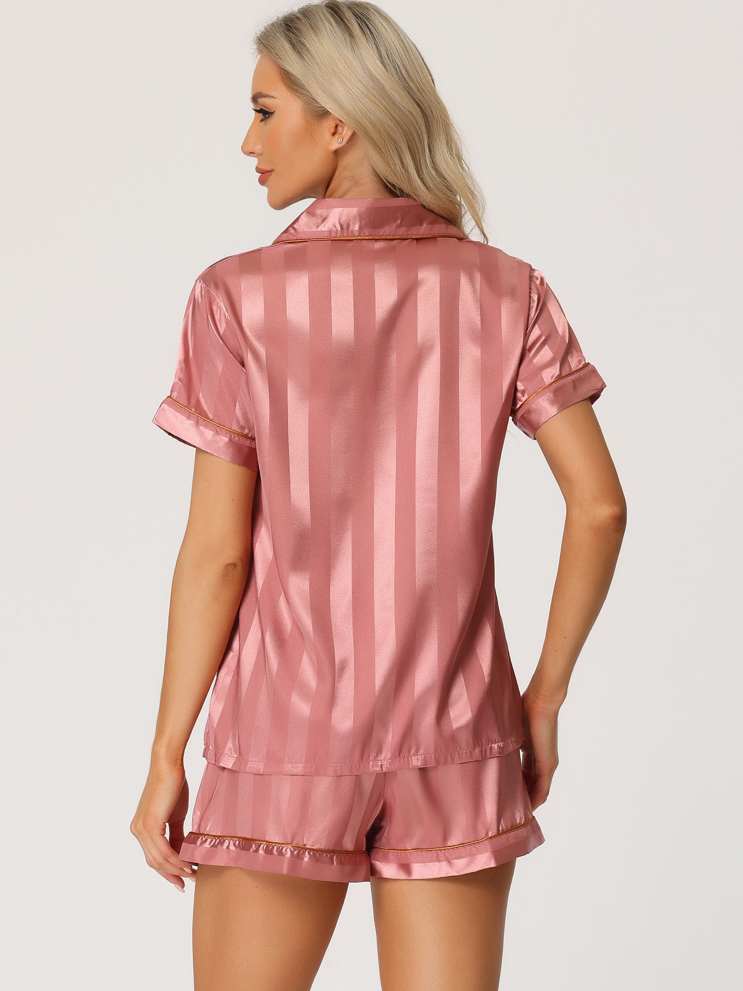 cheibear Satin 2pcs Lounge Sleepwear T-Shirt and Shorts Polka Dots Pajama Sets Dark Pink