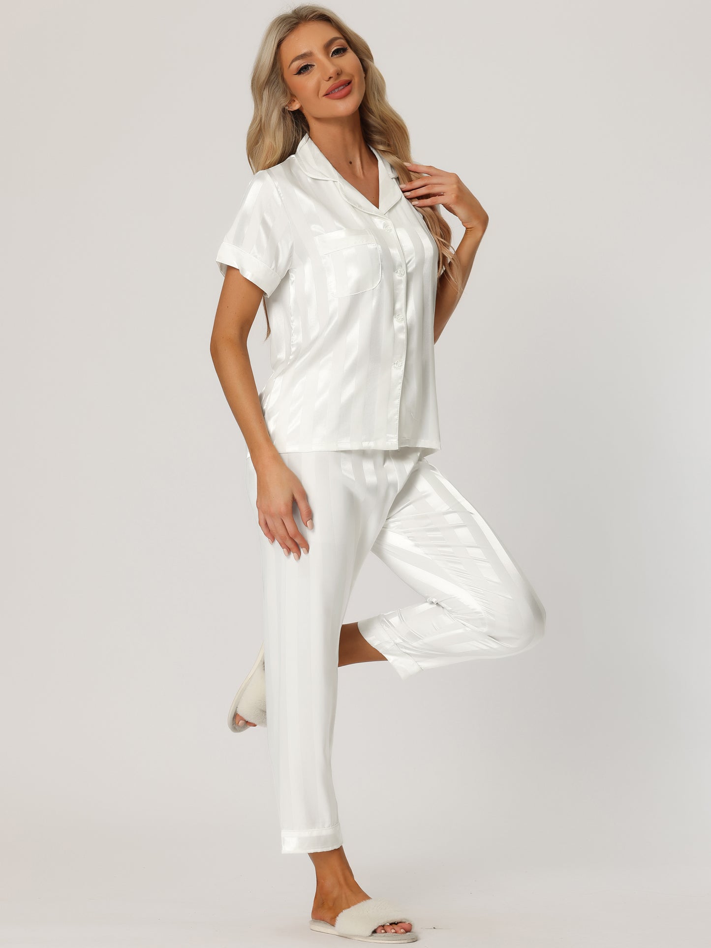 [PACK SALES] Women's 2 Sets Satin Button Down Short Sleeve Shirt with Long Pants Pajama Set