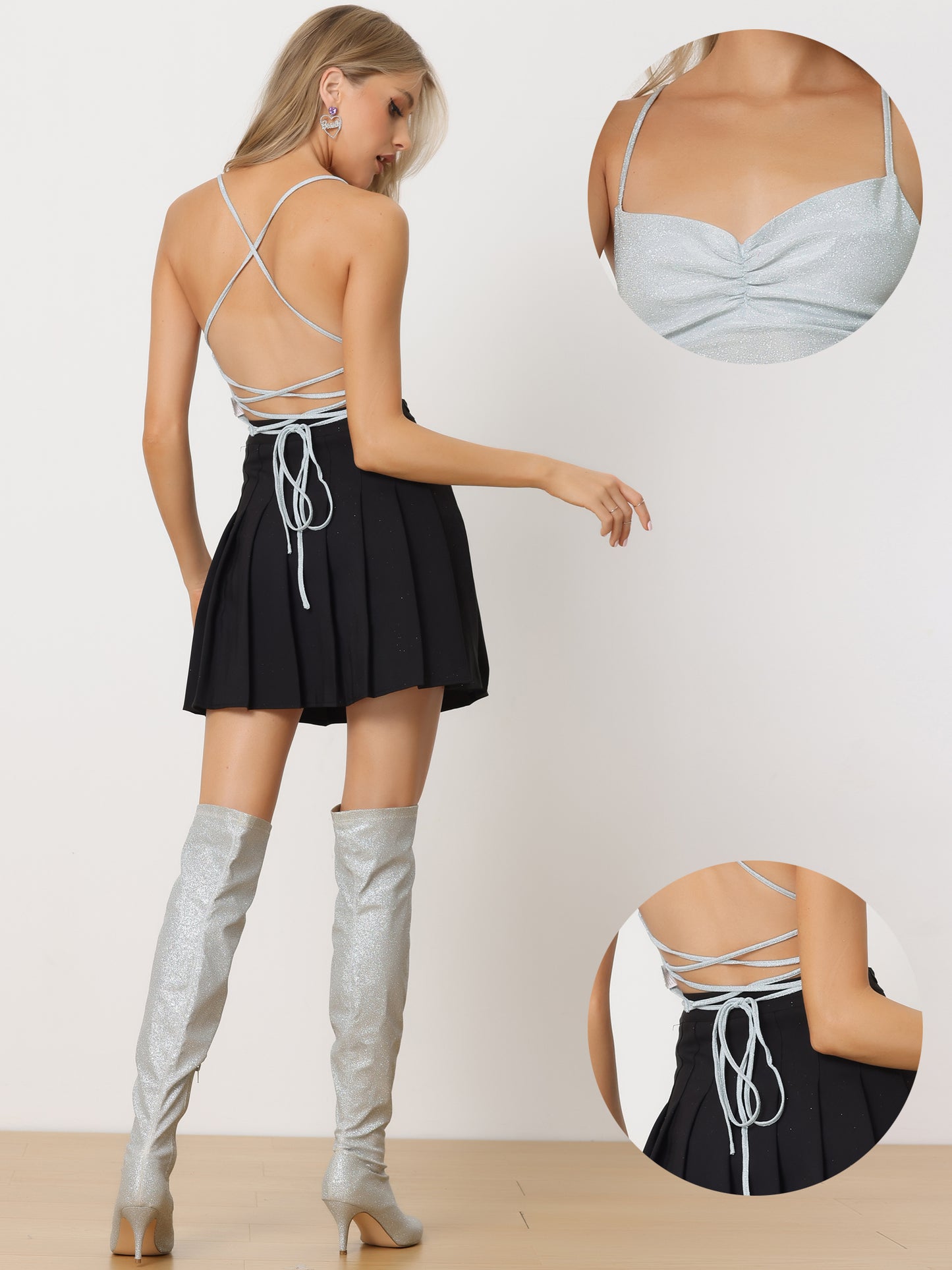 Women's Sparkle Crop Tops Glitter Party Crisscross Back Spaghetti Strap Cami Top Slim Fit Tank Top