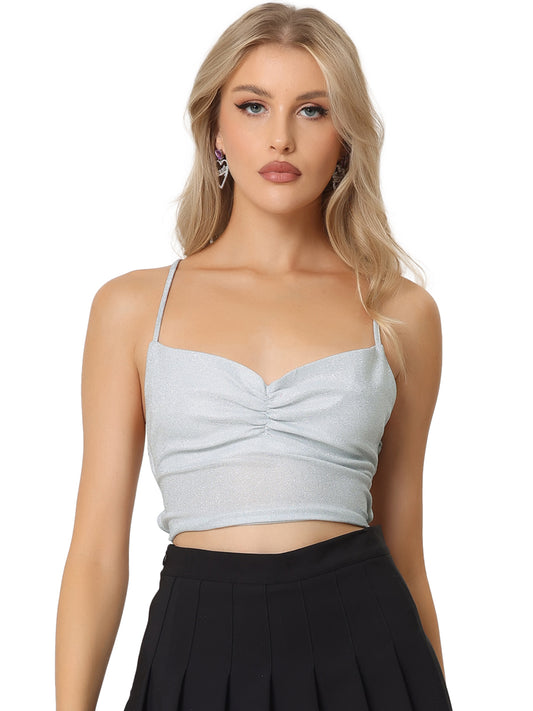 Women's Sparkle Crop Tops Glitter Party Crisscross Back Spaghetti Strap Cami Top Slim Fit Tank Top