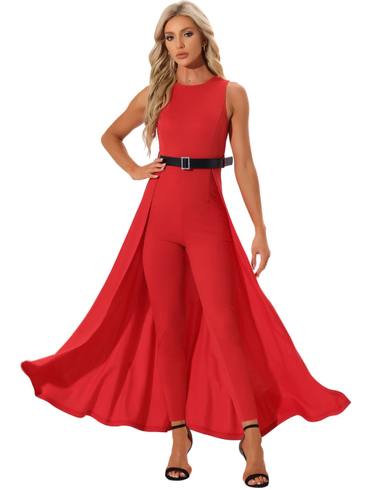 Women's Patchwork Overlay Jumpsuit Elegant Sleeveless Belted High-Waist Rompers