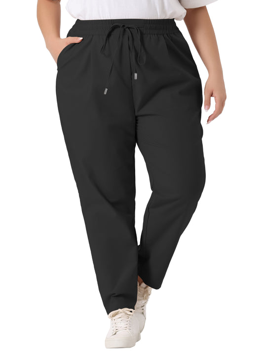 Women Plus Size Pants Straight Leg Drawstring Elastic Work Loose Trousers with Pockets
