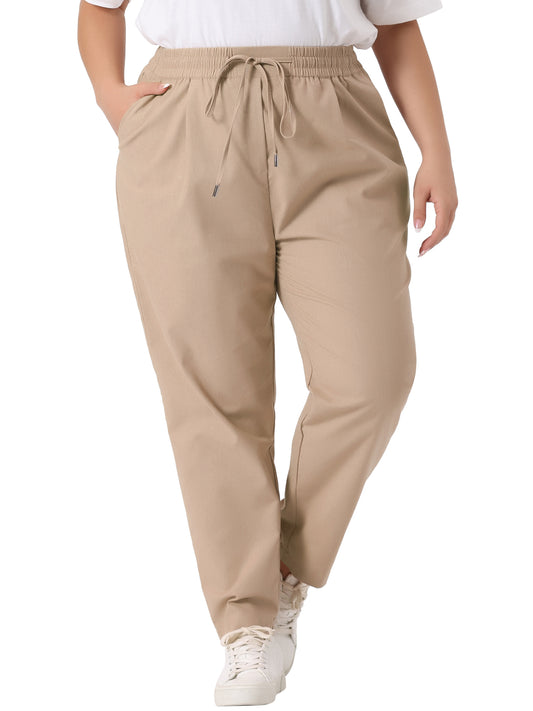 Women Plus Size Pants Straight Leg Drawstring Elastic Work Loose Trousers with Pockets