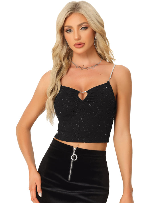 Women's Sexy Crop Top Sparkly Rhinestones Sleeveless Cut Out Spaghetti Straps Cocktail Party Tank Top