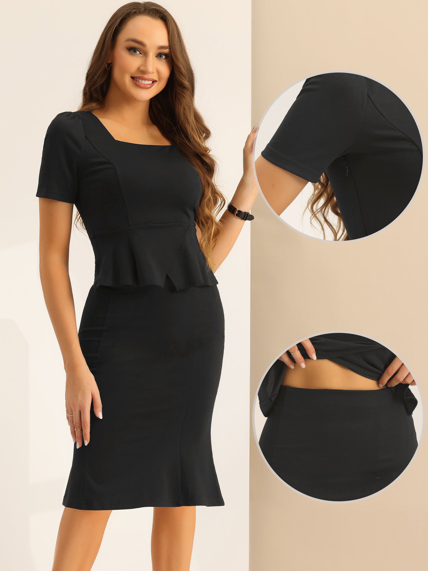 Women's 2 Piece Business Skirt Set Short Sleeve Peplum Top Fishtail Bodycon Skirt