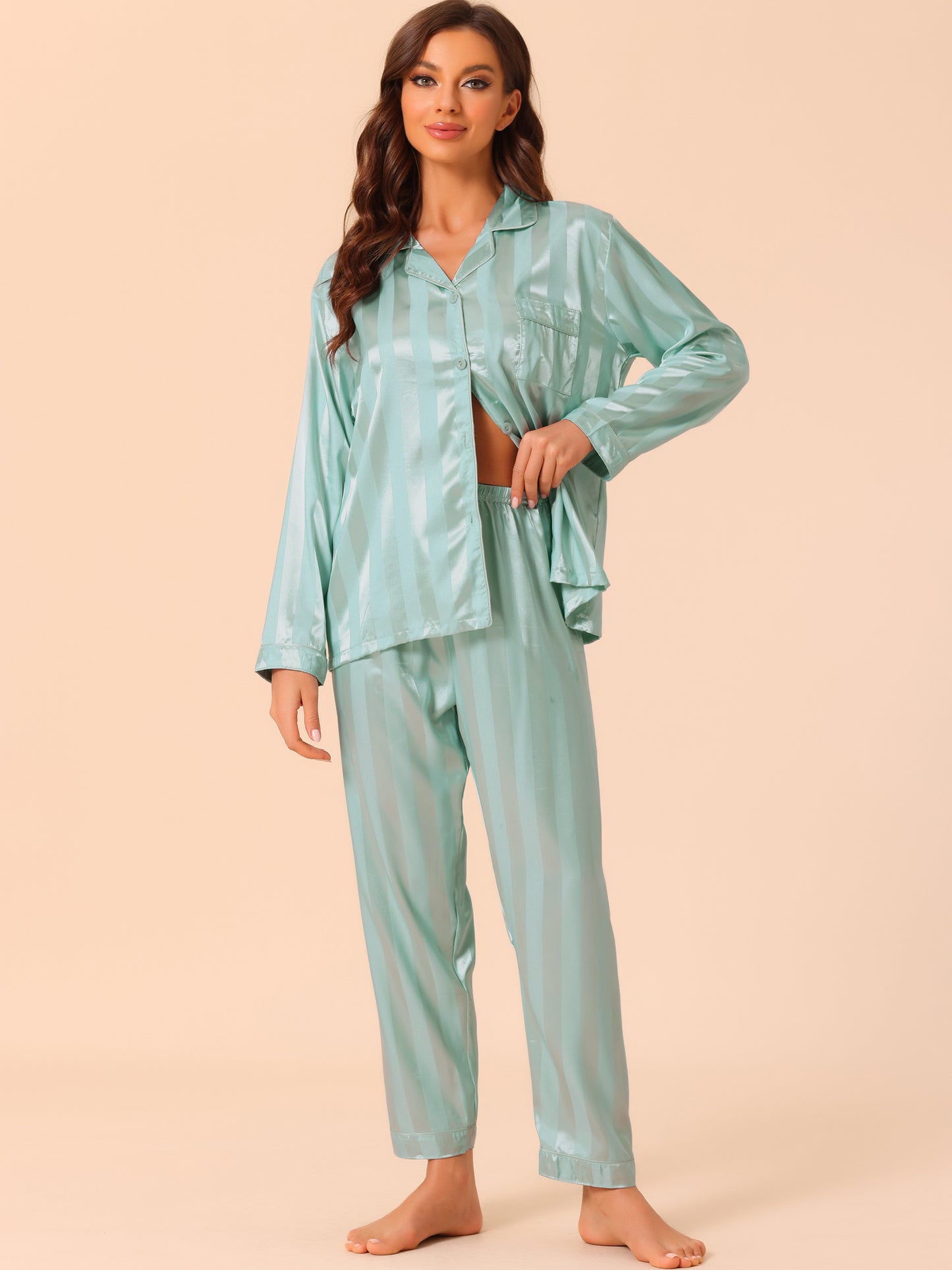 cheibear Satin Sleepwear Button Down Nightwear with Pants Pajama Set Green