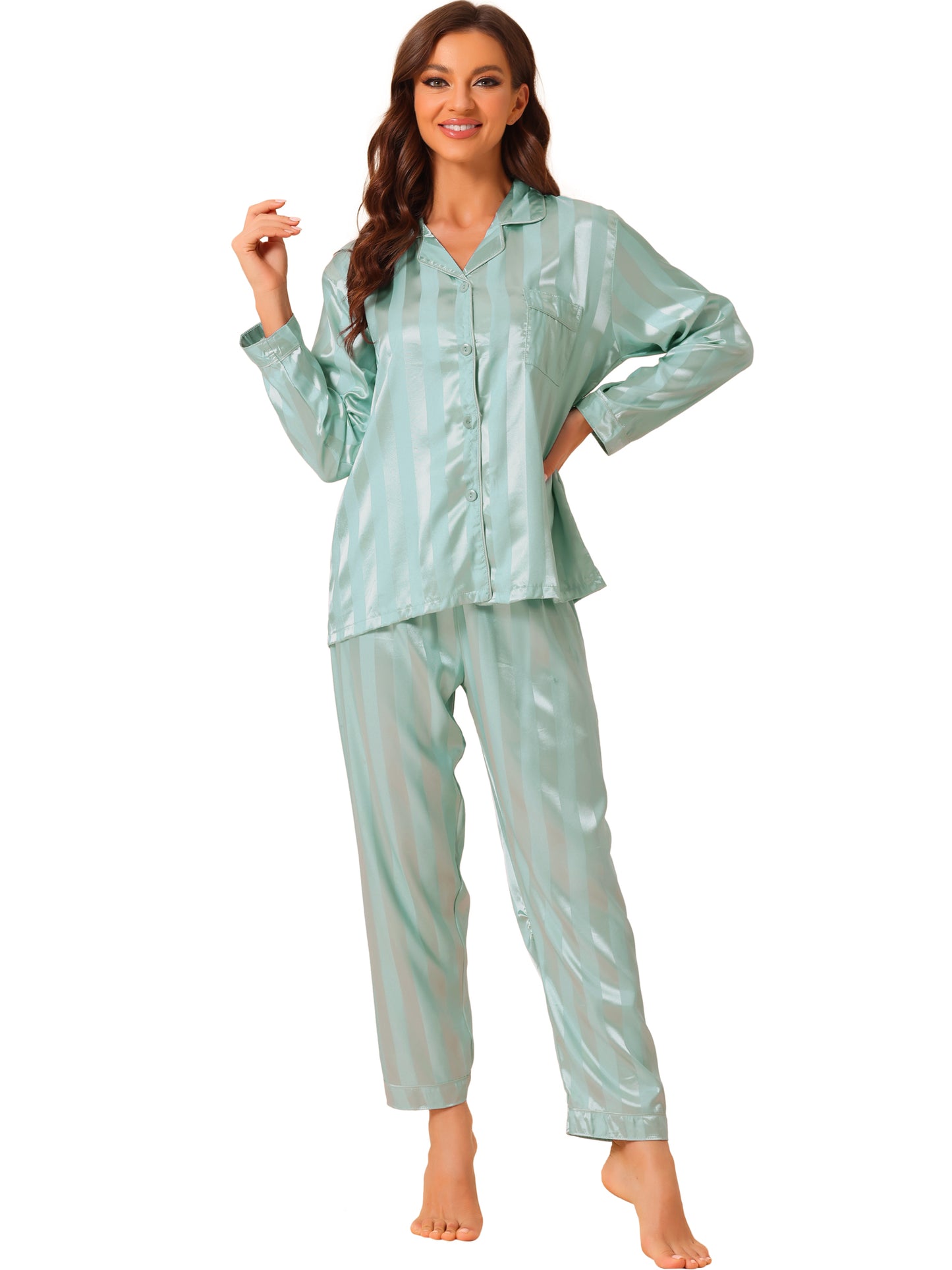 cheibear Satin Sleepwear Button Down Nightwear with Pants Pajama Set Green
