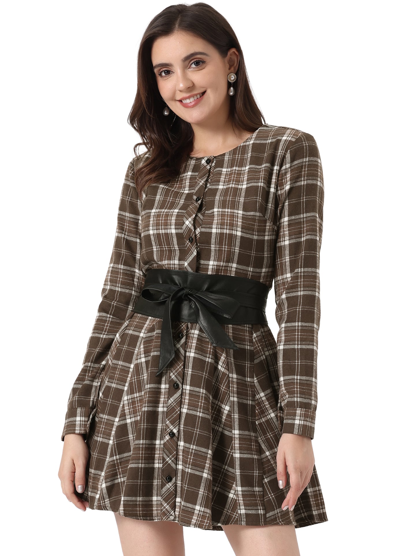 Women's Plaid Long Sleeve Button Down Belted Mini Shirtdress