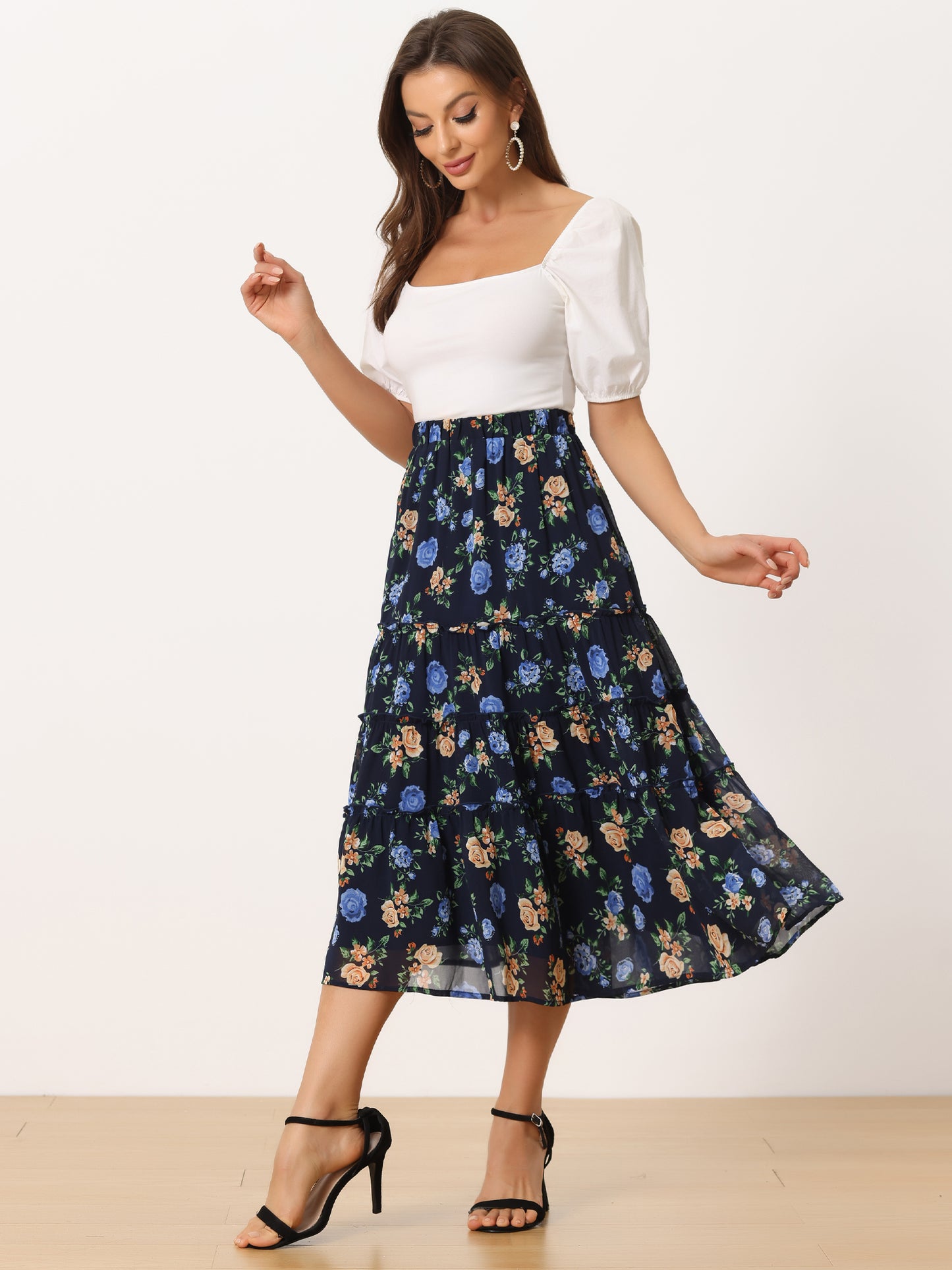 Women's Floral Skirts Chiffon A-line Long Tiered Ruffle Midi Skirt (Available in Plus Size)