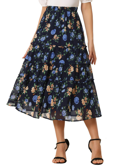 Women's Floral Skirts Chiffon A-line Long Tiered Ruffle Midi Skirt (Available in Plus Size)