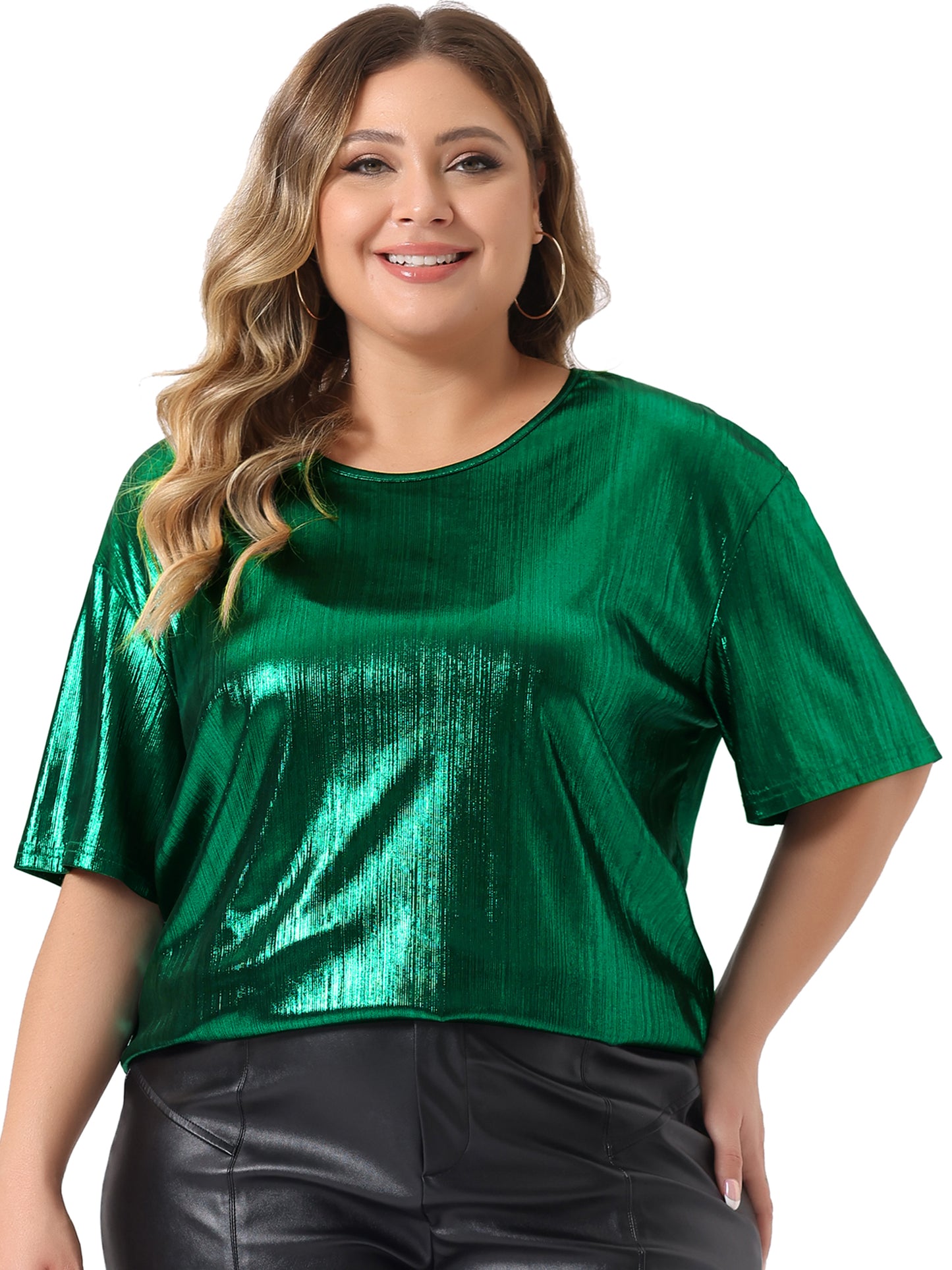 Women Plus Size Top Metallic Round Neck Short Sleeve T-Shirt Party Tee Top