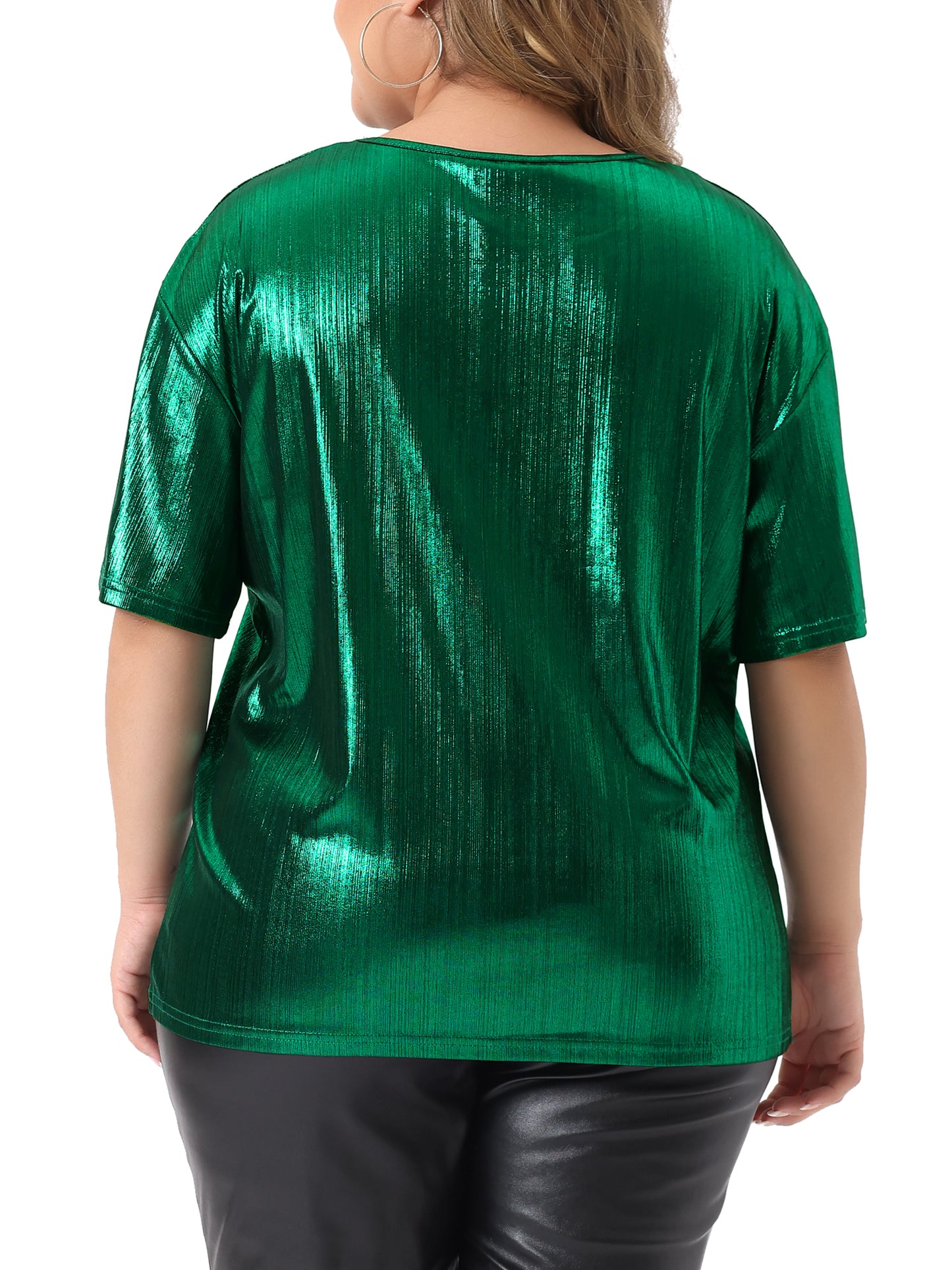 Women Plus Size Top Metallic Round Neck Short Sleeve T-Shirt Party Tee Top