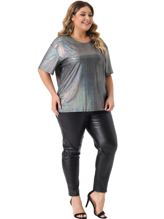 Women Plus Size Top Metallic Round Neck Short Sleeve T-Shirt Party Tee Top