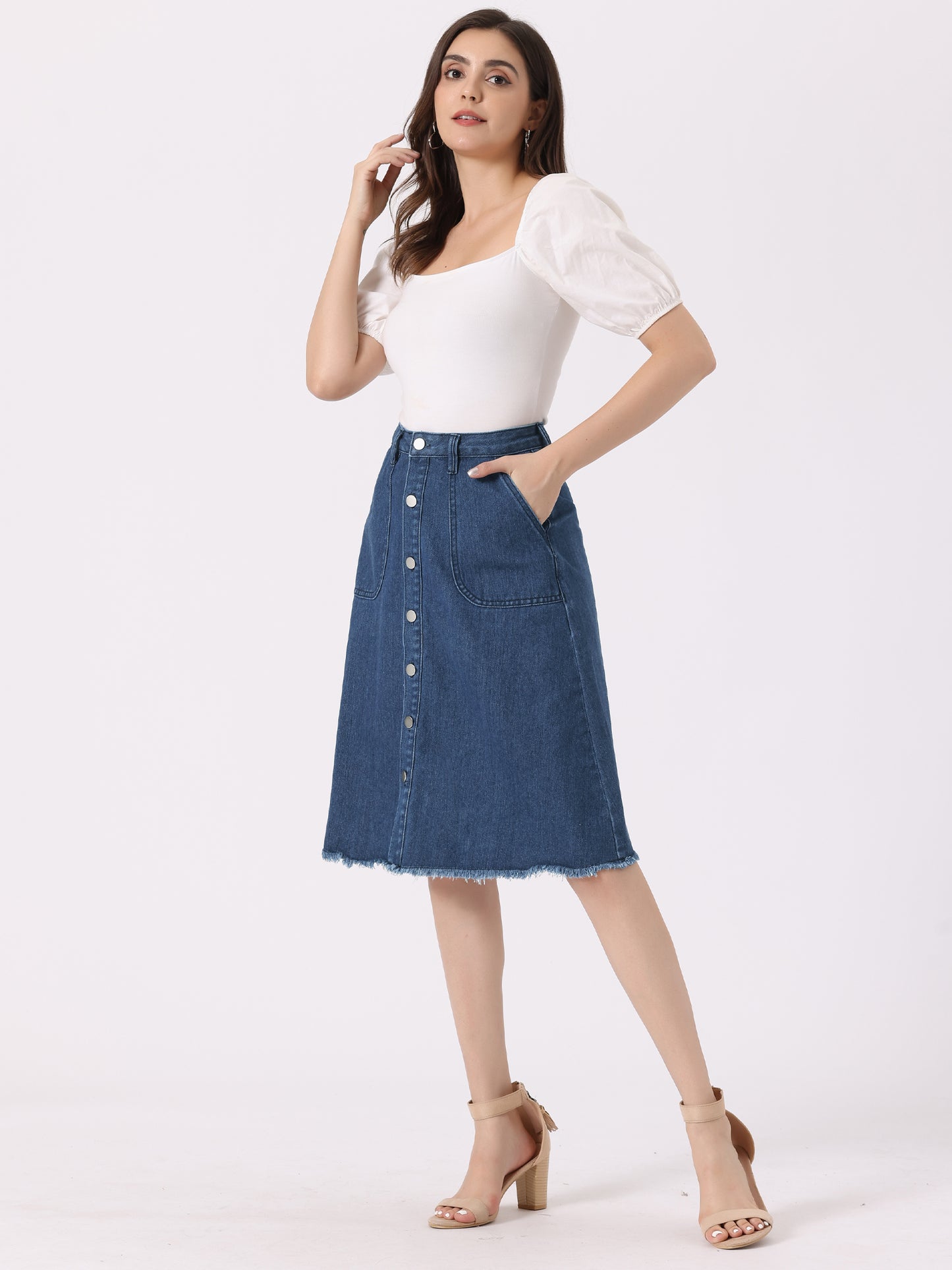 Women's Denim Skirts Raw Hem Button Down Midi Jeans Skirt