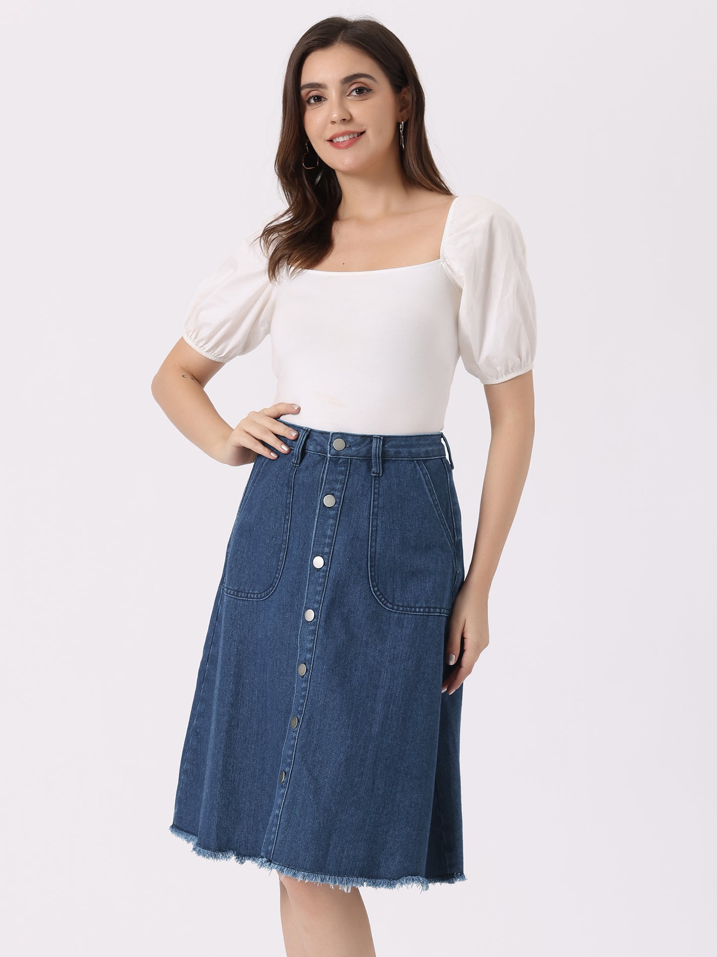 Women's Denim Skirts Raw Hem Button Down Midi Jeans Skirt
