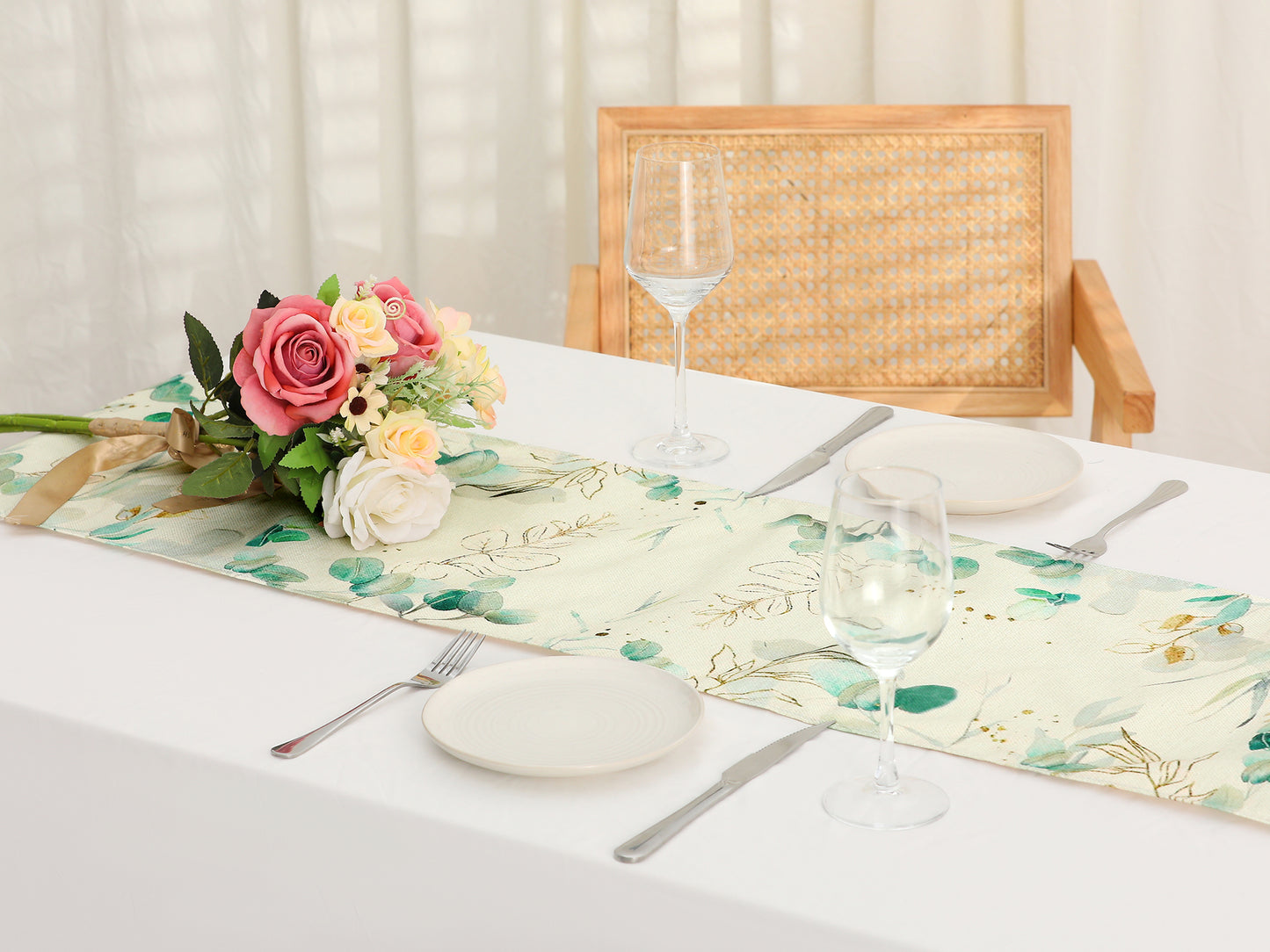 Camino de mesa de 13 x 71 pulgadas, diseño de hojas verdes de arpillera para decoración de mesa de comedor de cocina interior