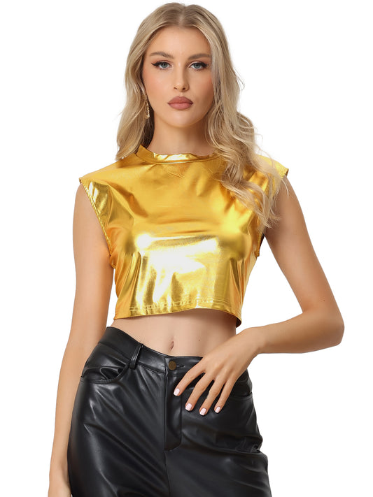 Women's Sleeveless Sparkle Party Round Neck Crop Holographic Metallic Top