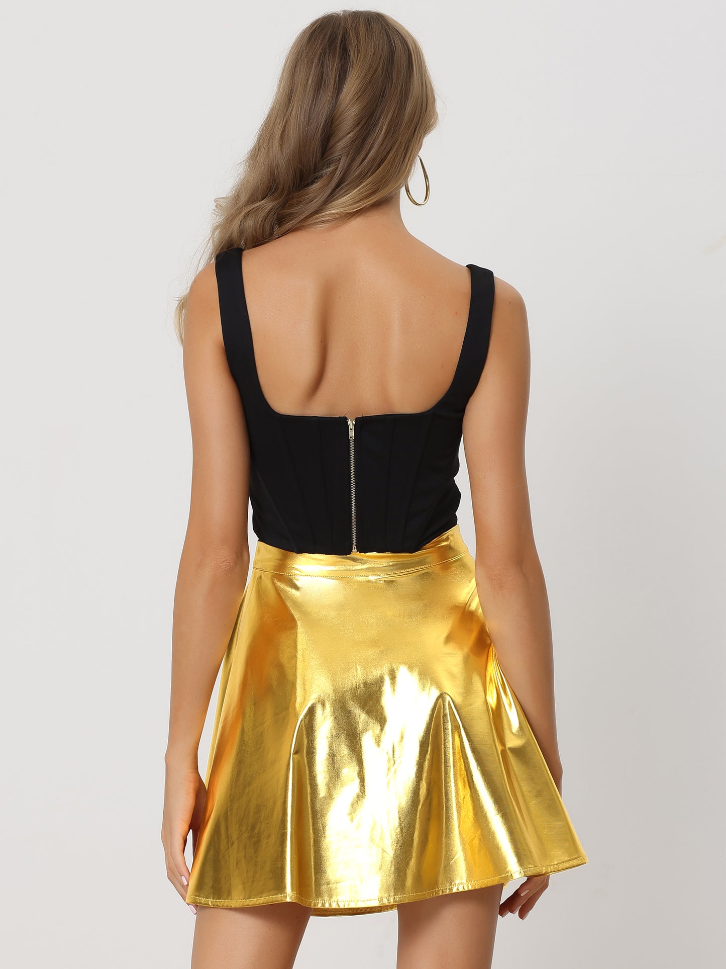 Minifalda metalizada de fiesta para mujer, cintura alta, corte A, con brillo holográfico