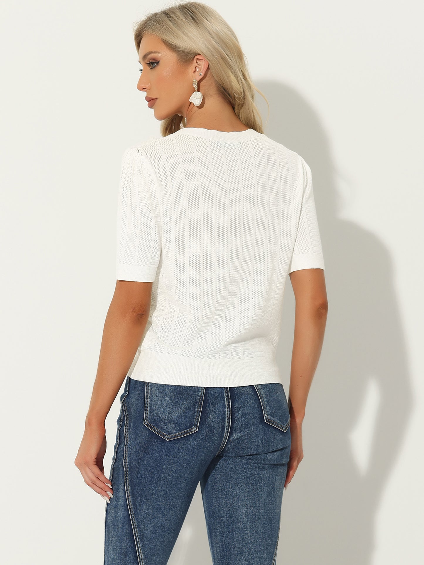 Suéter tipo bolero informal de punto a crochet con botones para mujer, cárdigan de manga corta