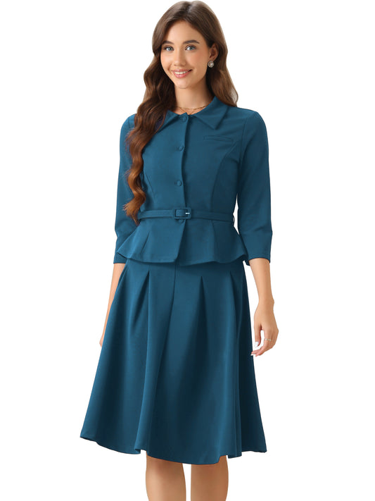 Women's 2 Piece Business Skirt Suit Set 3/4 Sleeve Office Blazer Pleated Skirt