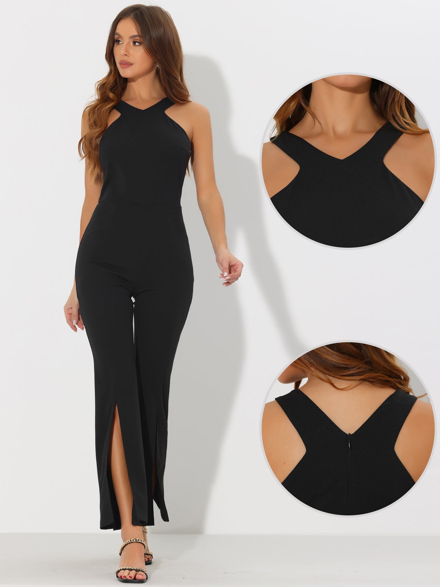 Women's Sleeveless V Neck High Waist Split Flare Leg Elegant Slit Hem Jumpsuits