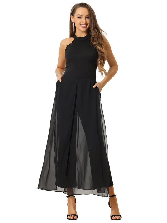 Women's Summer Sleeveless Halter Neck Wedding Chiffon Wide Leg Dressy Elegant Jumpsuit