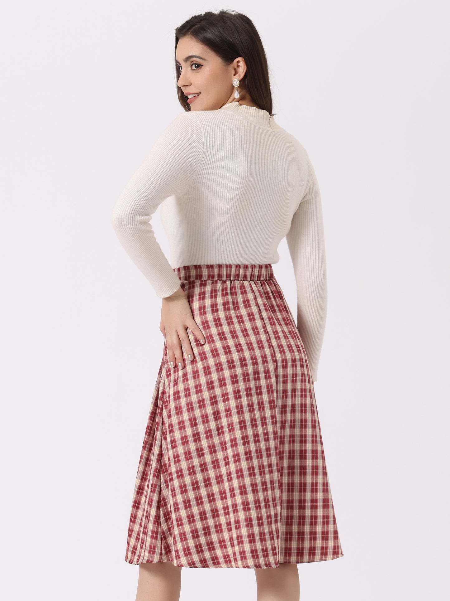 Faldas a cuadros vintage para mujer, falda midi plisada de cintura alta y corte A