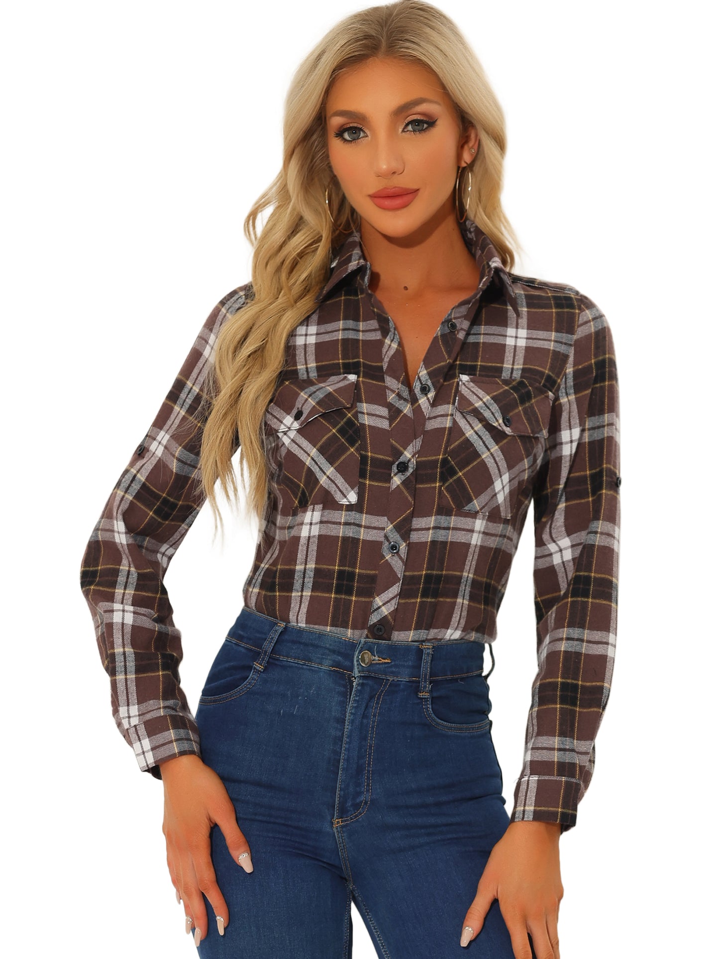 Women's Roll Up Long Sleeve Button Down Plaid Flannel Shirt