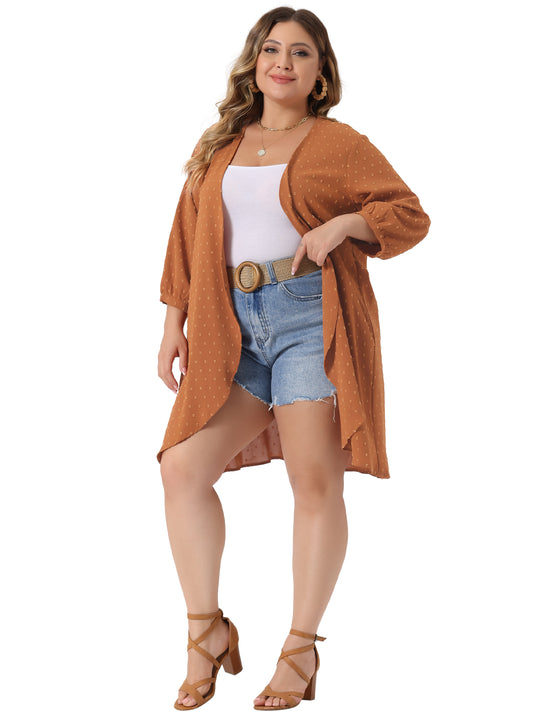 Women Plus Size Cardigan Open Front 3/4 Sleeve Swiss Dots Lightweight Casual Cover Up
