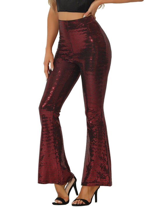 Women's Sequin Flare Pants High Waist Stretch 1980s Retro Vintage Sparkle Long Bell Bottoms