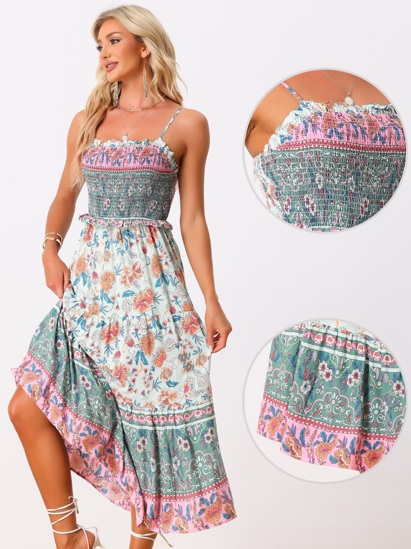 Women's Boho Floral Dress Spaghetti Strap Flowy Smocked Tiered Maxi Dresses