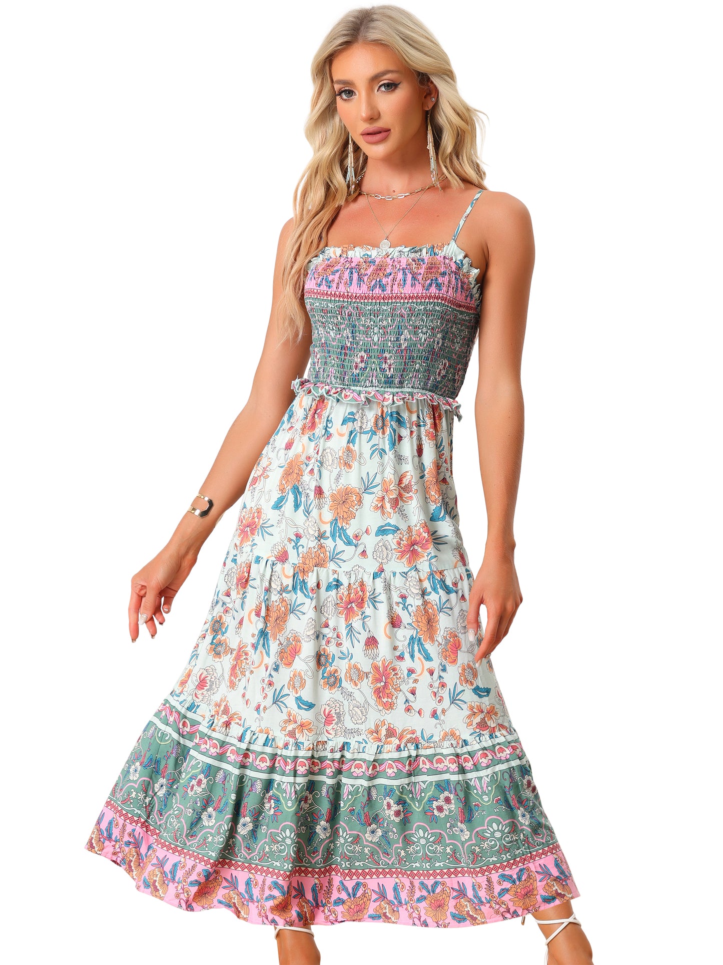 Women's Boho Floral Dress Spaghetti Strap Flowy Smocked Tiered Maxi Dresses