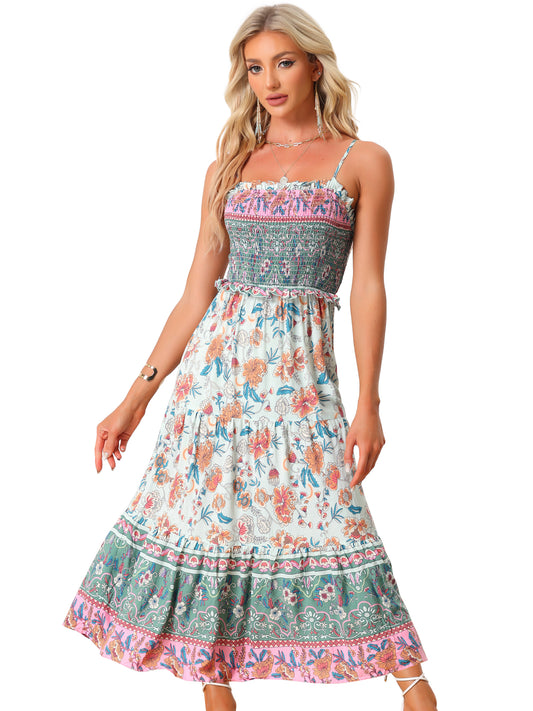 Women's Boho Floral Dress Spaghetti Strap Flowy Smocked Tiered Maxi Dresses