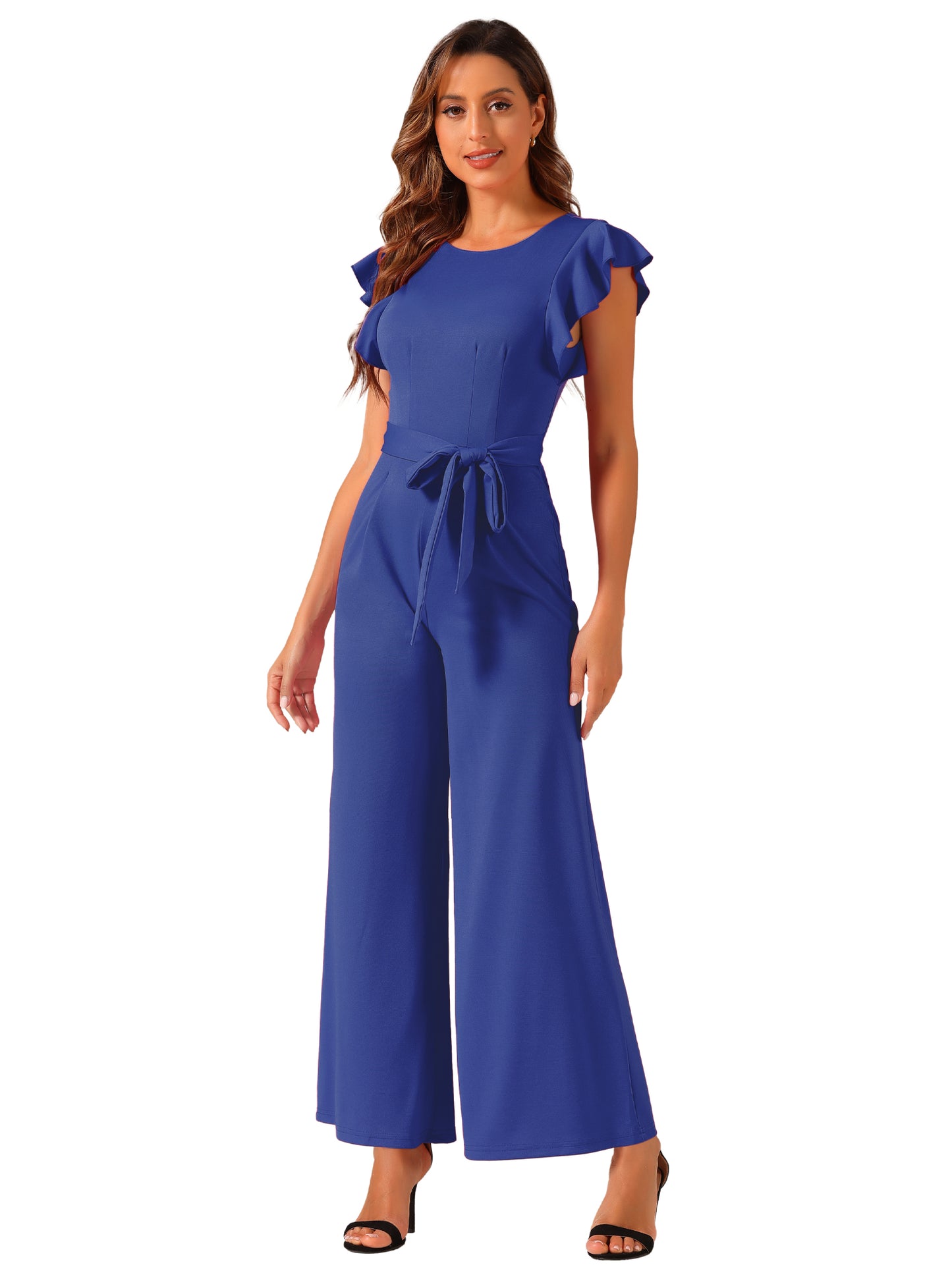 Women's Sleeveless Ruffle Jumpsuits High Waist Wide Legs Belted Elegant Office Romper