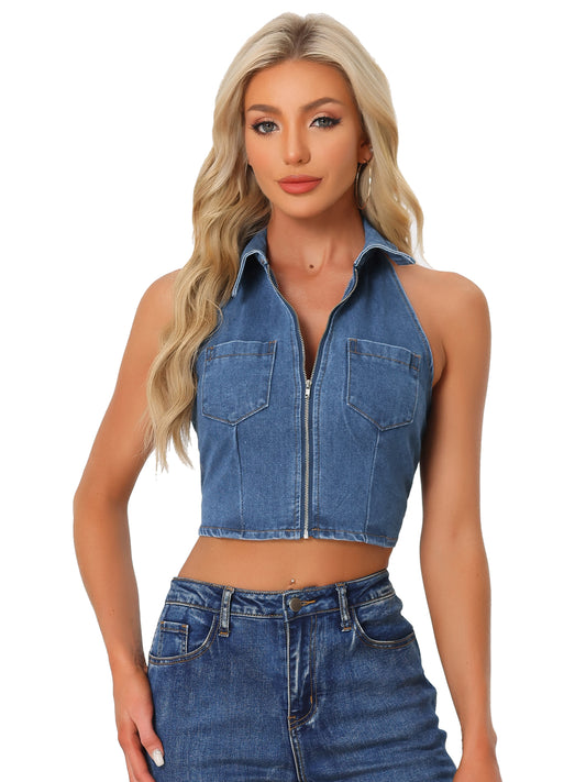 Women's Zipper Up Collared Sleeveless Jean Corset Denim Halter Top