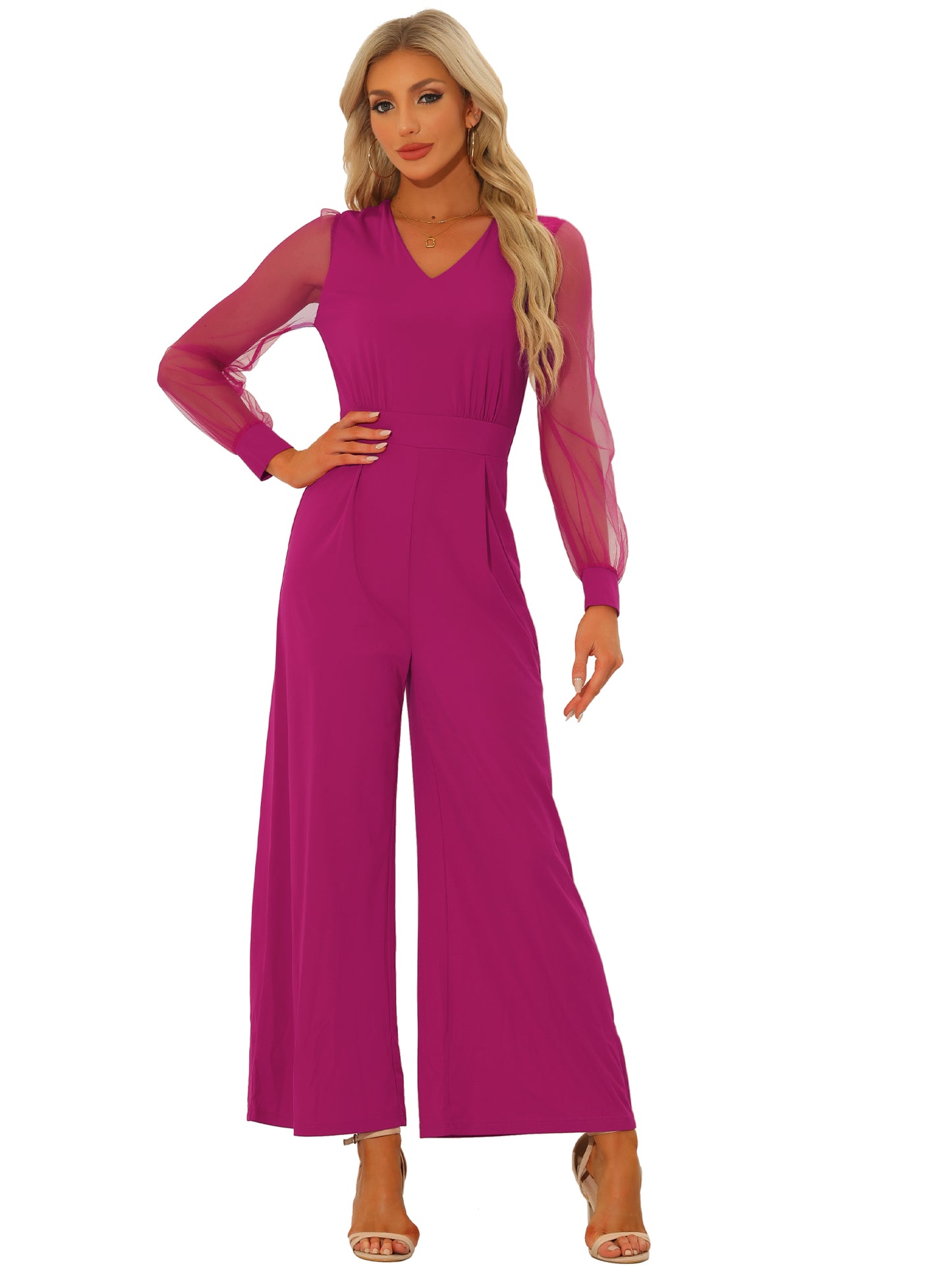 Women's Elegant V Neck Mesh Long Sleeve Loose Wide Leg Romper Cocktail Jumpsuits