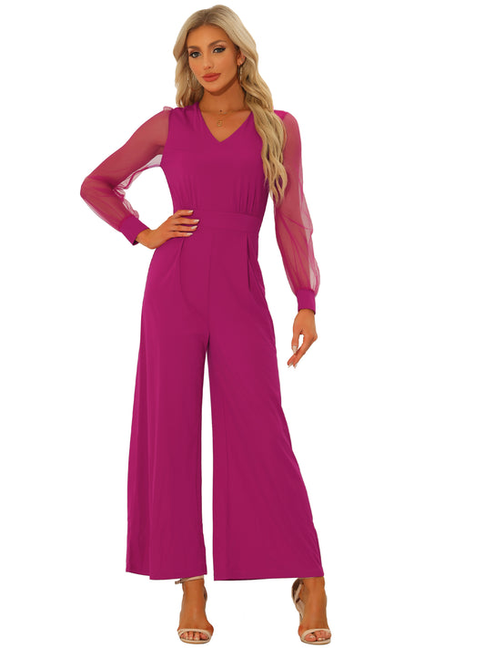 Women's Elegant V Neck Mesh Long Sleeve Loose Wide Leg Romper Cocktail Jumpsuits